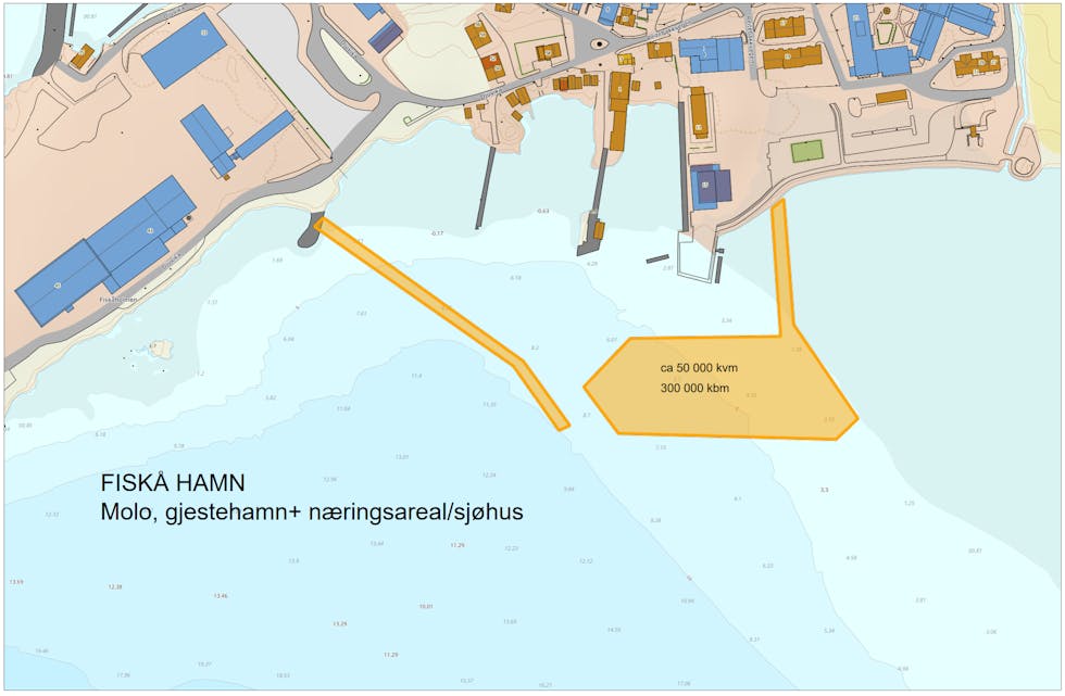 HAMN: Slik ser Rifi Eigedom føre seg at det kan fyllast ut for eit hamneområde på Fiskå, med molo frå vest og eit kaiområde i aust. 