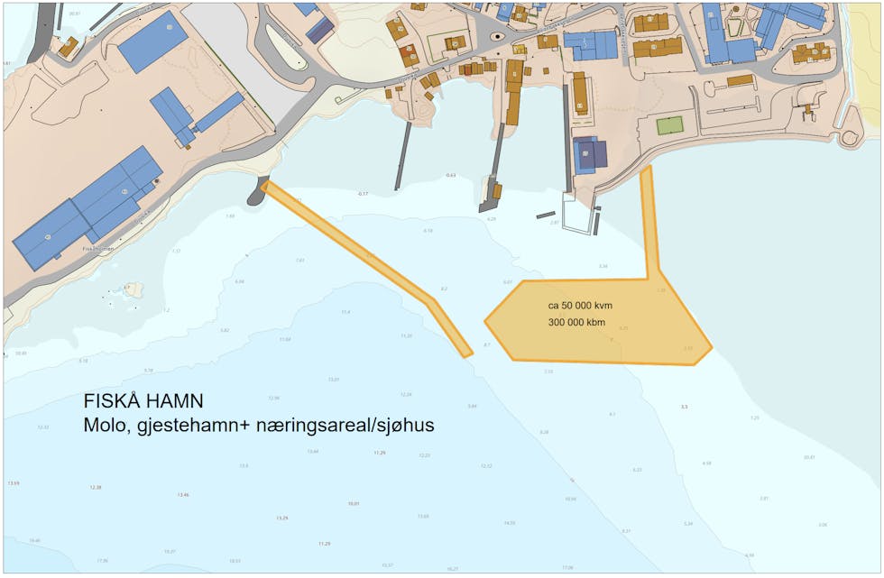 HAMN: Slik ser Rifi Eigedom føre seg at det kan fyllast ut for eit hamneområde på Fiskå, med molo frå vest og eit kaiområde i aust. 