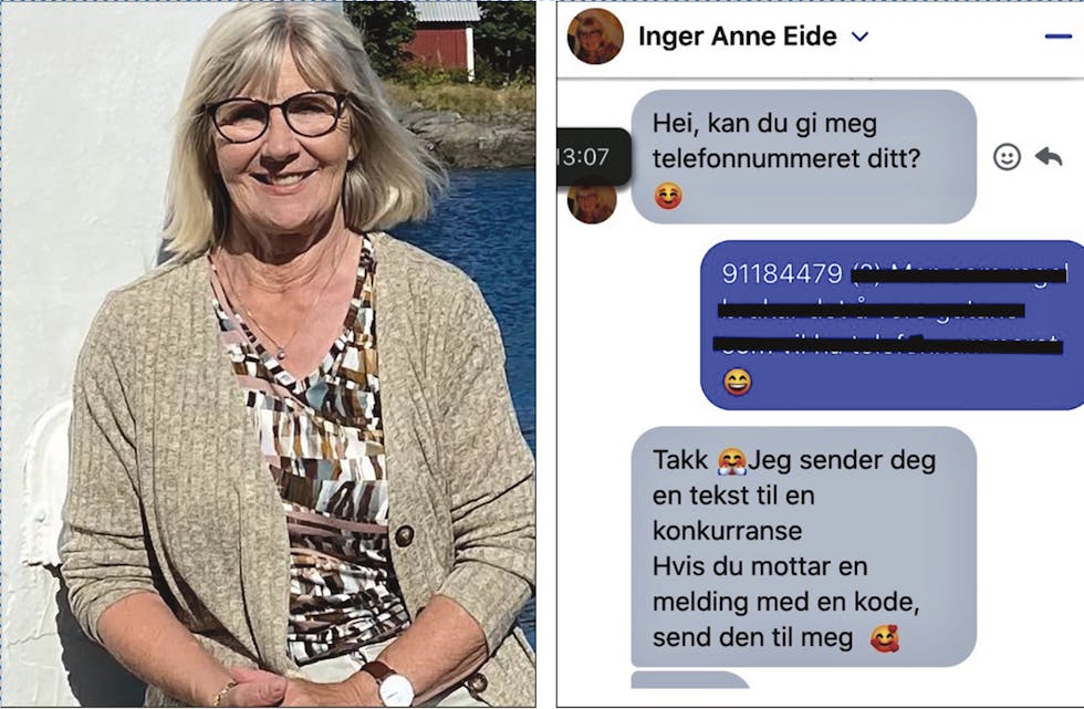 LITE KJEKT: Å oppleve å miste kontrollen på facebook-kontoen og at andre overtok var rett og slett ekkelt, seier Inger Anne Eide på Åheim. Til høgre ser vi den tilsynelatande uskuldige oppmodinga på messenger frå ein du kjenner godt. 