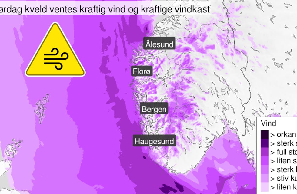 Kart over kraftige vindkast, gult nivå, Vestlandet sør for Stad og Sunnmøre.