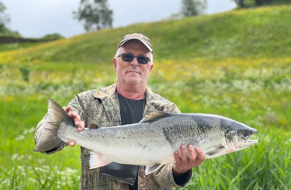 STORFANGST: Dette eksemplaret som Tore Bjørneset fekk sist veke er den førebels største laksen som er fiska i elvane i Vanylven i år. FOTO: FOTO: Silje Bjørneset 