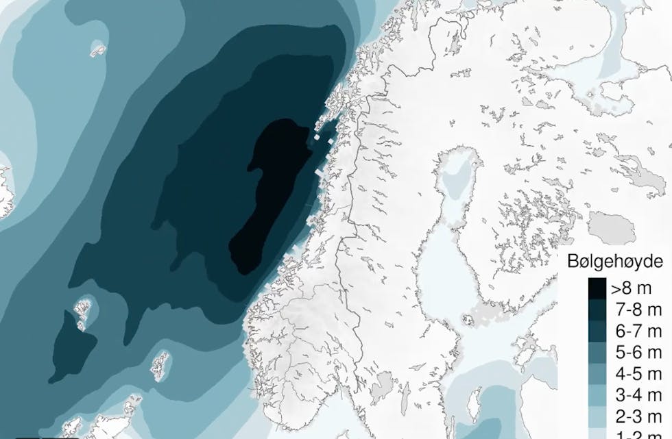 Natt til søndag vil ein sjå størst utbreiing av høge bølgjer på nordveslandet. Illustrasjon: @Meterologene