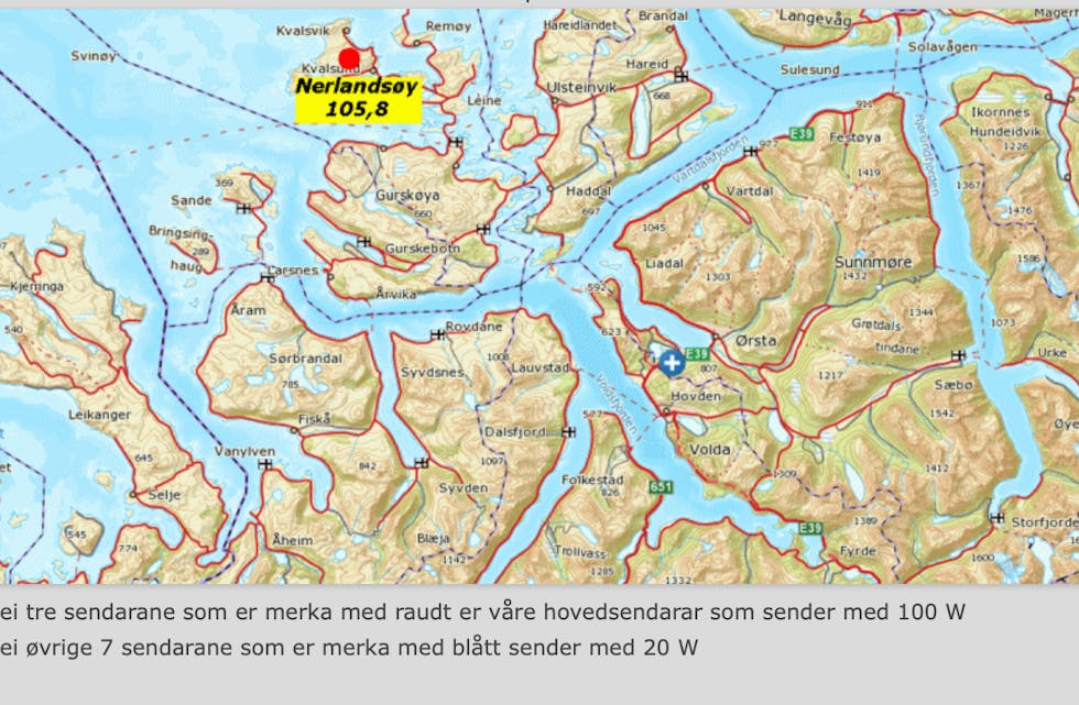 Sendarkart som viser sendaren på Nerlandsøya, frå Bygderadio Vest.