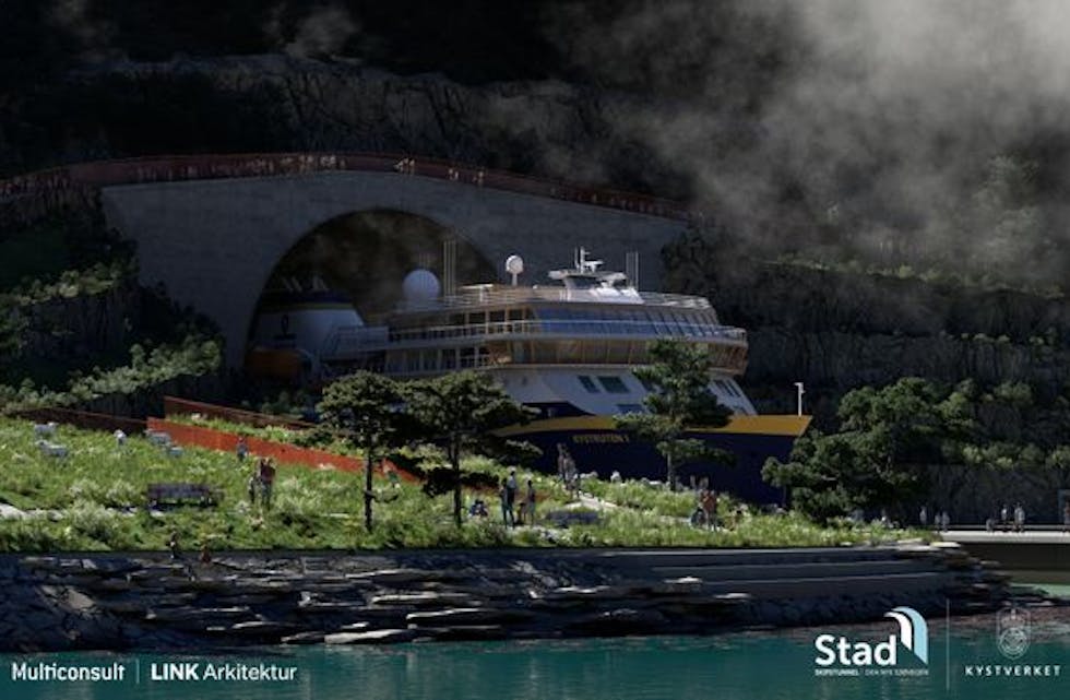 På leverandørkonferansen fekk deltakarane sjå fleire nye illustrasjonar av skipstunnelen. Her frå portalområdet i Moldefjorden. Foto: Kystverket / Multiconsult / LINK Arkitektur