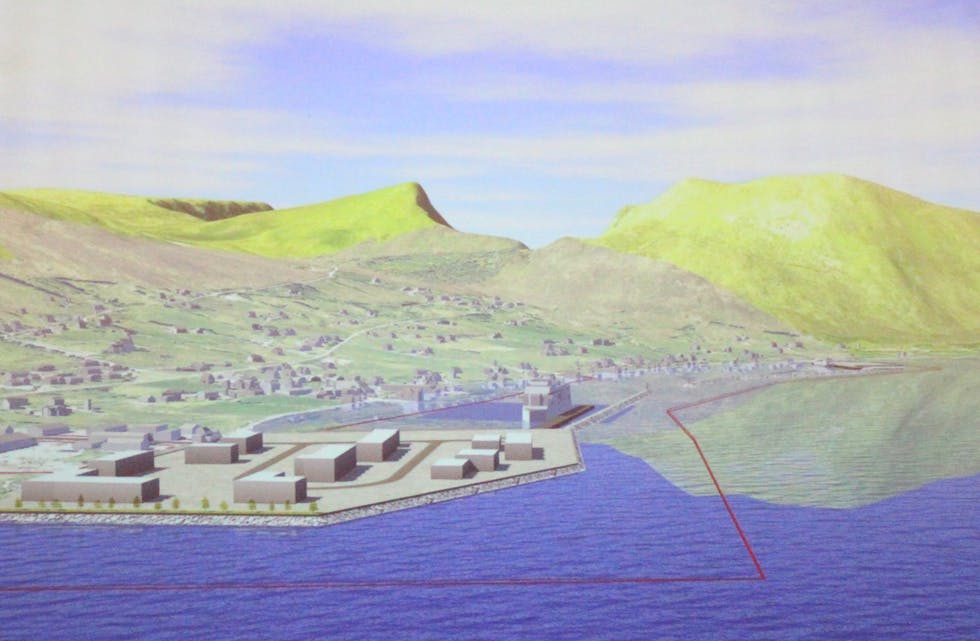 ENDRA ANSIKT: Leikanger sentrum vil i framtida stå annleis fram med bygging av moloar og næringsområde. Her ein 3D-modell av prosjektet sett frå søraust. ILL: Nordplan. 