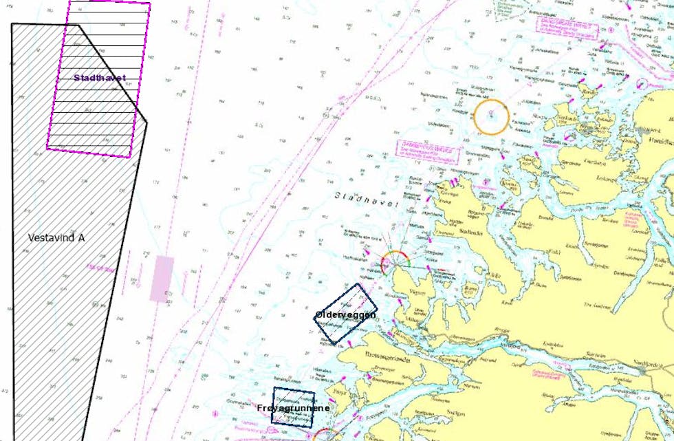 KORTREIST VINDRAFT? Vestavind A er identifisert som område med gode tilhøve og få interessekonfliktar for vindkraft på havet. Rosa firkant merka Stadthavet er sett av som utreiingsområde for flytande havvind, medan Oldereggen, like sørvest for Kråkenes fyr, og Frøyagrunnene er sett av som utreiingsområde for botnfast havvind.