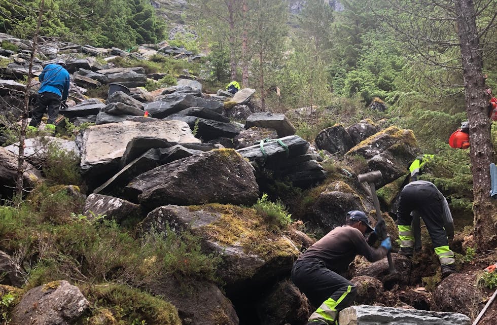 Sherpaane har byrja med arbiedet like ovanfor skogen ved foten av Kragsethornet. FOTO: Petter Kragset.