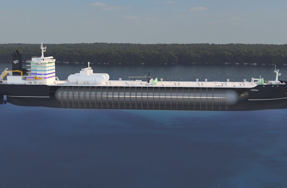 Provaris har laga ein illustrasjon av eit skip med tank for trykksett hydrogen, som i framtida kan kome frå Prodtex sin fabrikk på Fiskå. Utviklinga av ei produksjonslinje vil skje utover hausten. ILLUSTRASJON: Provaris