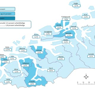 Slik var det prosentvise talet på heilt ledige i kommunane i Møre og Romsdal i oktober 2023. KART: NAV Møre og Romsdal