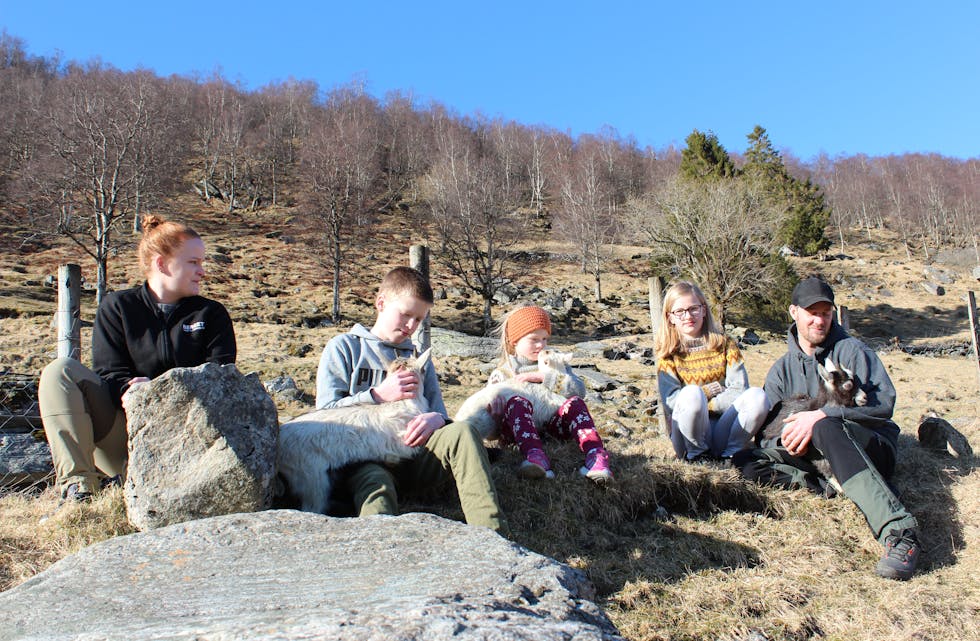 KOSESTUND: Familien Kroken Ekremsæter; Michelle, Collin, Ylva, Othilie og Håvard, er samla ute på garden saman med tre av kjea som vart fødd tidlegare i år.