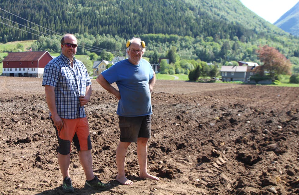 POTETDYRKARAR: Jan Øystein Aksnes og Per Magne Grebstad har gått i lag om potetdyrking i større skala for å vere på våre kantar av landet.