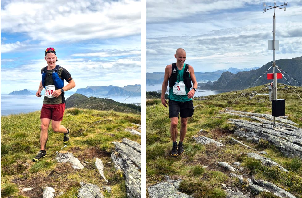 LOKAL DUELL: Sven Tore Sørdal og Karl Idar Vik kjem om lag samstundes til Vardane, som er høgste punktet på Remøya 191 moh. Her var avstanden ca 1 minutt mellom dei, men dette auka inn mot mål.