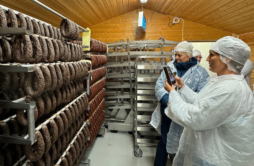 TIL TØRKING: Randi Aarønes og Sonja Lade i tørkeromet til spekepølser av geit. Alle foto: