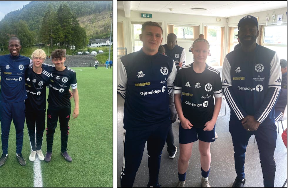 PREMIER PATHWAYS: Jørgen Vikebakk, Leander Skåre Kragset og Brede Brudevoll saman med akademitrener frå Manshester United - Imran Hamid.
TH: Sofie Røys saman med Michael Keen frå Brigton Women (t.v.) og Tim Zobbo frå Tottenham og Brighton (t.h.)